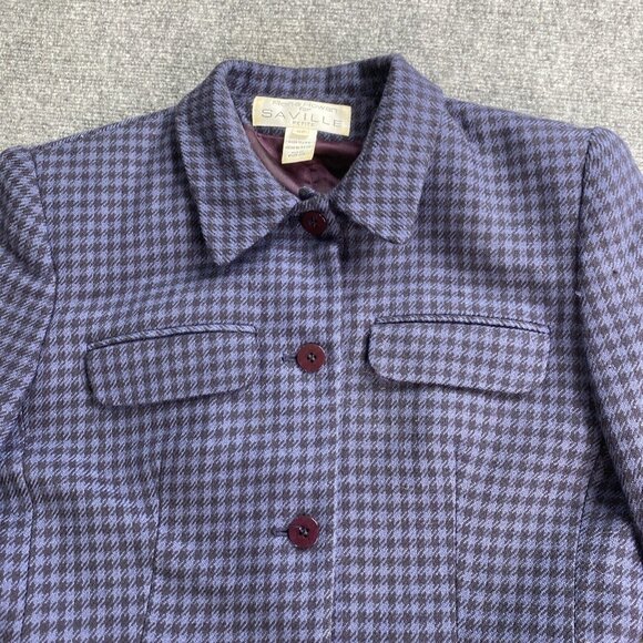 VTG Rene Rowan Saville Jacket Women's 8P Blue Houndstooth Worsted Wool Distress - Picture 2 of 16